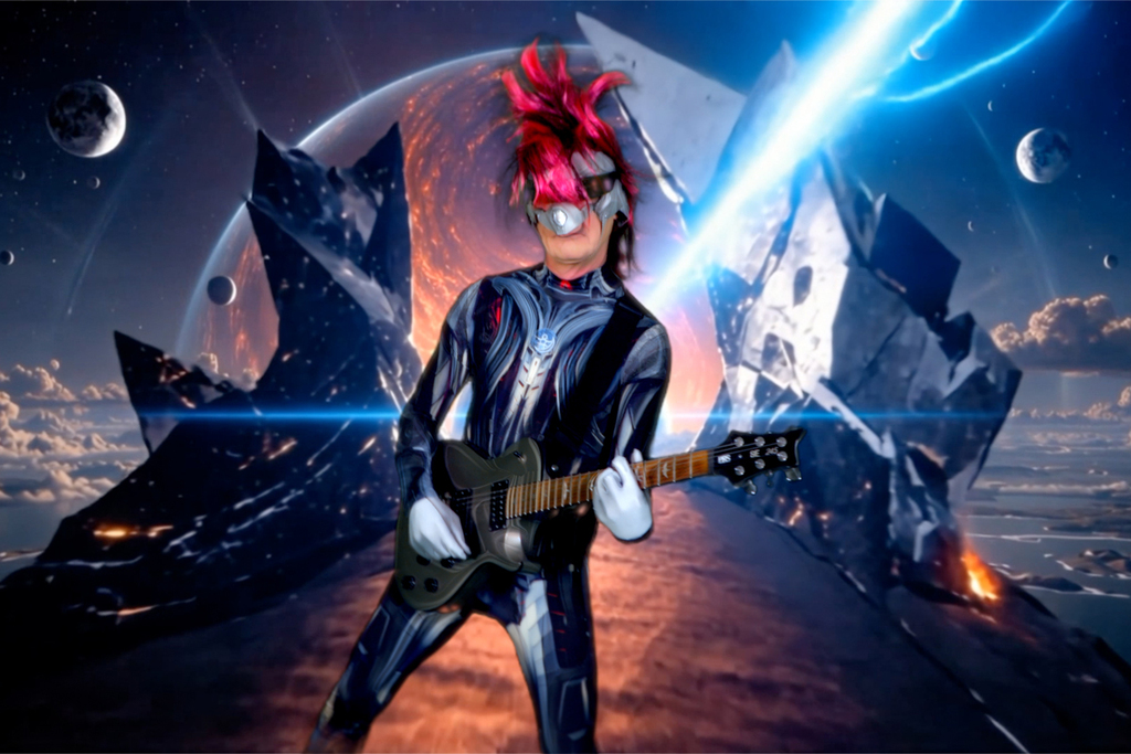Chris Cool plays guitar in the War video by the Space Indians